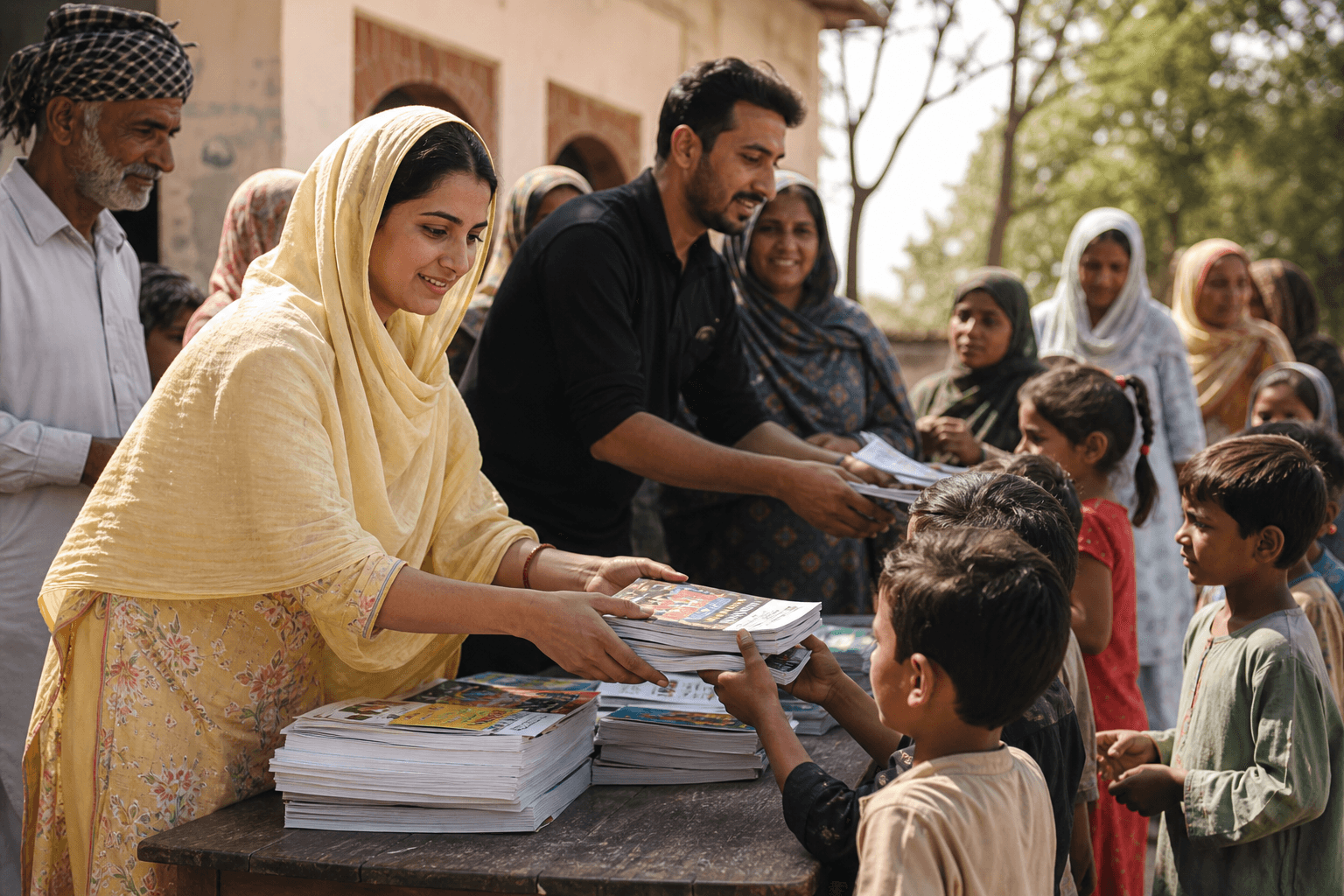 GKEWO volunteers distributing educational materials to community families