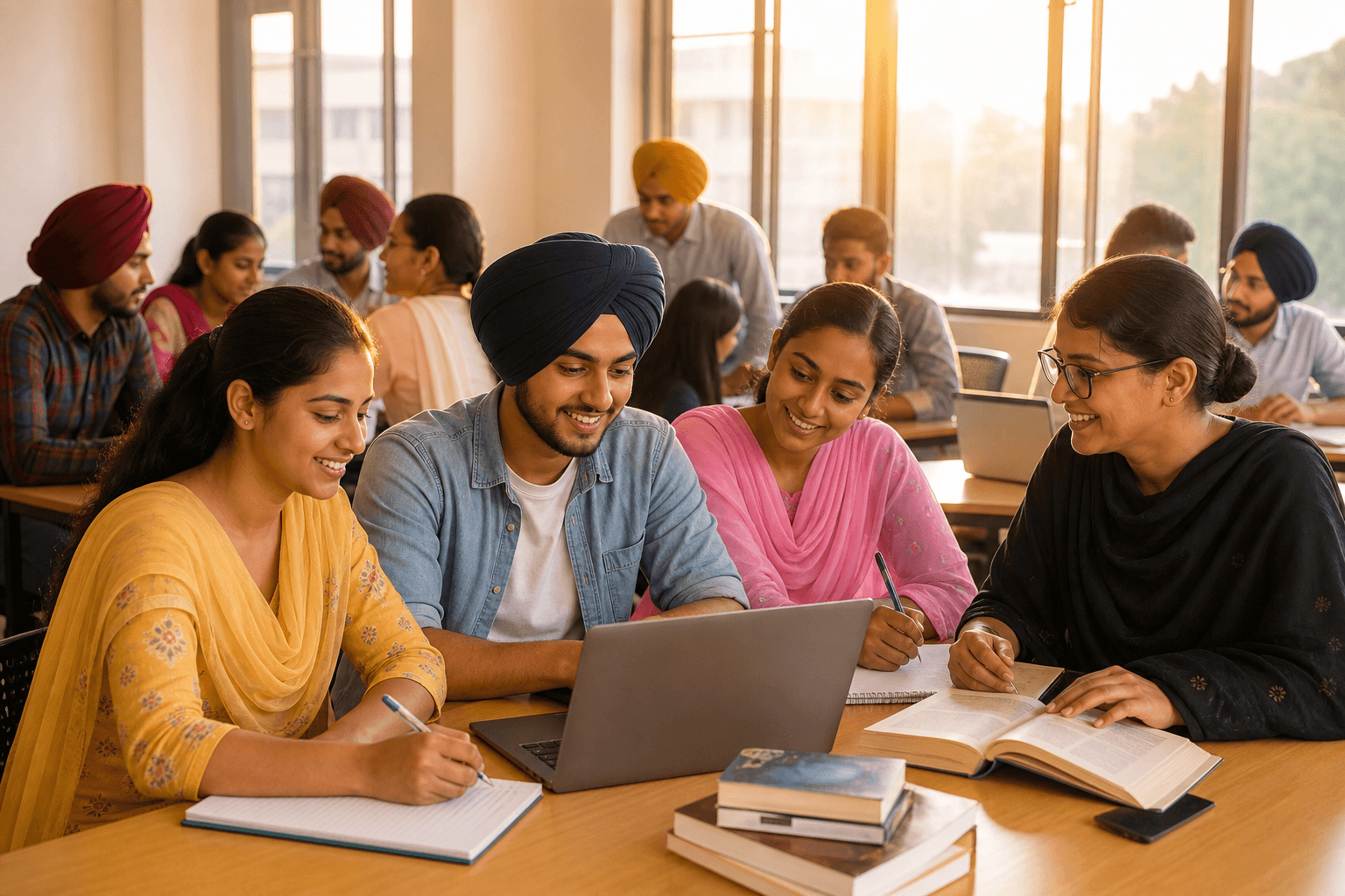 Punjabi students and volunteers engaged in education activities